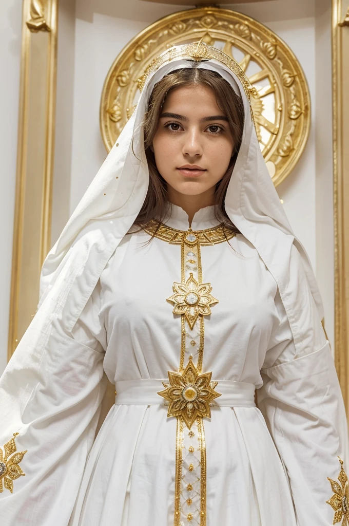 Our Lady of Fátima, 18-year-old girl of Portuguese origin, surrounded by dazzling light, her dress with a pure whiteness, as well as the mantle decorated with gold, which covered her head and a large part of her body