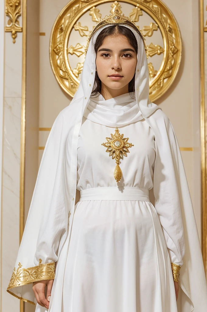 Our Lady of Fátima, 18-year-old girl of Portuguese origin, surrounded by dazzling light, her dress with a pure whiteness, as well as the mantle decorated with gold, which covered her head and a large part of her body