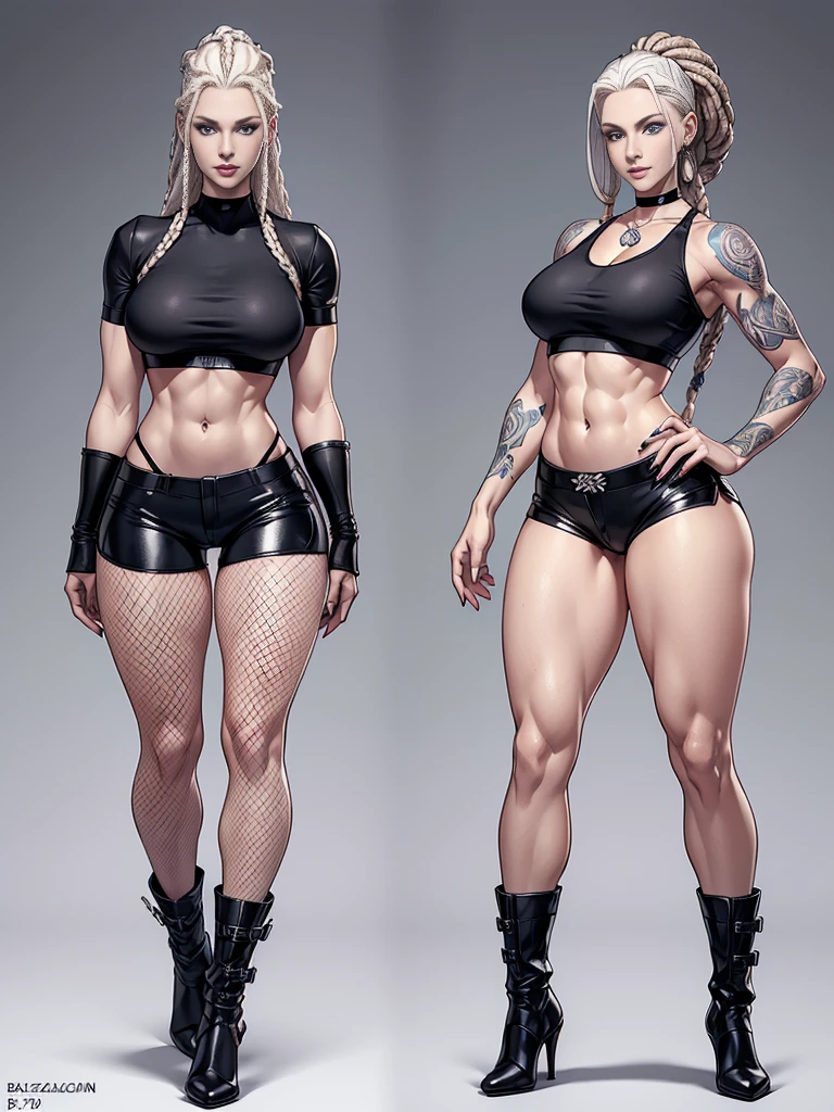 ((best quality)), ((4k)), ((highres)), ((masterpiece:1.2)). ((detailed)), ((ultra realistic)), ((intricate details)), ((full body picture)), ((character design sheet)), a full body picture of a beautifull norwegian female, scandinavian woman, pale skin, ((emphasis on her pale skin)), ((standing in a relaxed pose)), ((blank background)), ((relaxed vibes)), a warm smile on her face, ((a warm smile)), perfect face, gorgeous face, ((vivid blue eyes)) detailed eyes, detailed lips, ((no makeup)), ((nose ring)), 25 years old, ((balzacian woman)), about 5'7 tall, white woman with short platinum blonde dreadlocks up to her shoulders, ((emphasis on white woman with short platinum blonde dreadlocks up to her shoulders)), ((platinum blonde rasta hairstyle)), ((not too bushy dreadlocks)), ((not skinny looking)), ((powerlifter body)), ((tattoos on both her arms)), ((black finger nails)), dressed in a ((black short-sleeve crop top)), midriff ((FLAT ABS)), she's wearing ((fishnet tights under her high waisted black booty shorts)), ((black leather booties with no heels)), ((black choker)), fighting game character concept art, tekken character design, the king of fighters character concept, full bofy, full body concept art, full body art