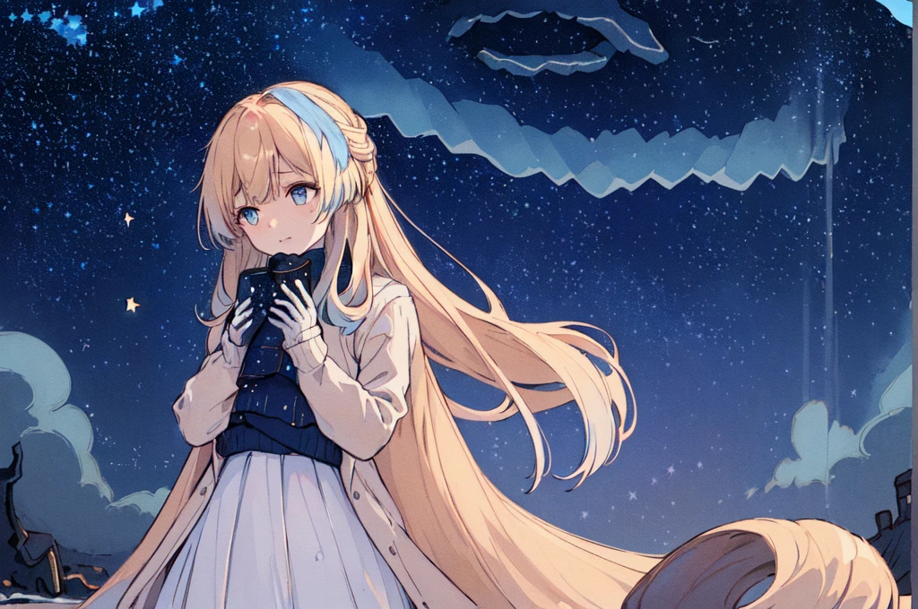 ((Finest quality)),(超A high resolution),(Ultra-detail),(Meticulous portrayal),((Best CG)),(Finest works of art),Ultra-Precision Art,The art of astounding depiction, (Cold air in winter:1.8,),(night sky full of stars:1.8),shooting stars:1.3, (One woman:1.5),Looking up at the starry sky:1.5,knitted sweater,long skirt, (wavy flaxen hair) ,Beautiful light blue eyes