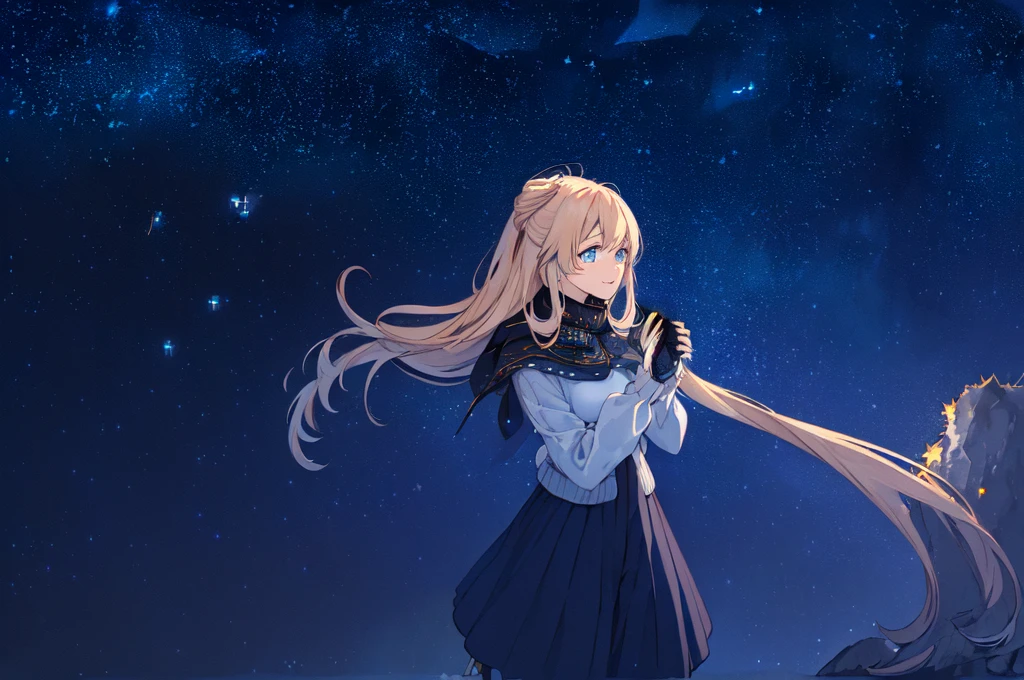 ((Finest quality)),(超A high resolution),(Ultra-detail),(Meticulous portrayal),((Best CG)),(Finest works of art),Ultra-Precision Art,The art of astounding depiction, (Cold air in winter:1.8,),(night sky full of stars:1.8),shooting stars:1.3, (One woman:1.5),Looking up at the starry sky:1.5,knitted sweater,long  skirt, (wavy flaxen hair) ,Beautiful light blue eyes