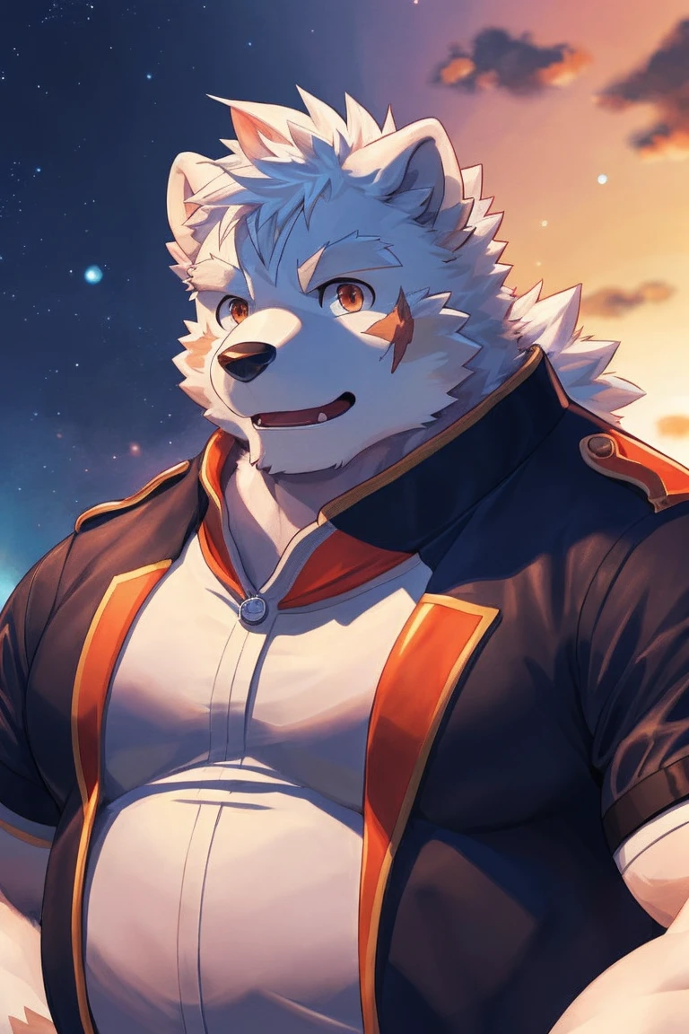 human nature, Wildlife, male,36 years old， solitary, ((Round Face, The face is plump,Orange eyes,Thick white hair，With wounds)), ((Endomorph, Handsome，enthusiasm)), (Sportswear，Light blue and white coat，Wear a sports cap), ((domestic 犬, Dog Orc，) Fluffy fur, Fluffy), Bokeh, (high quality, high resolution, masterpiece), (Dynamic Lighting, Vibrant colors，Natural fill light), (Revitalize，Disdain，aggressive), Full body picture (close up), cartoon, author：Takemoto Arashi, From zixiong, By Chunni, author：Empty Ghost，（background：Sunset Jungle）