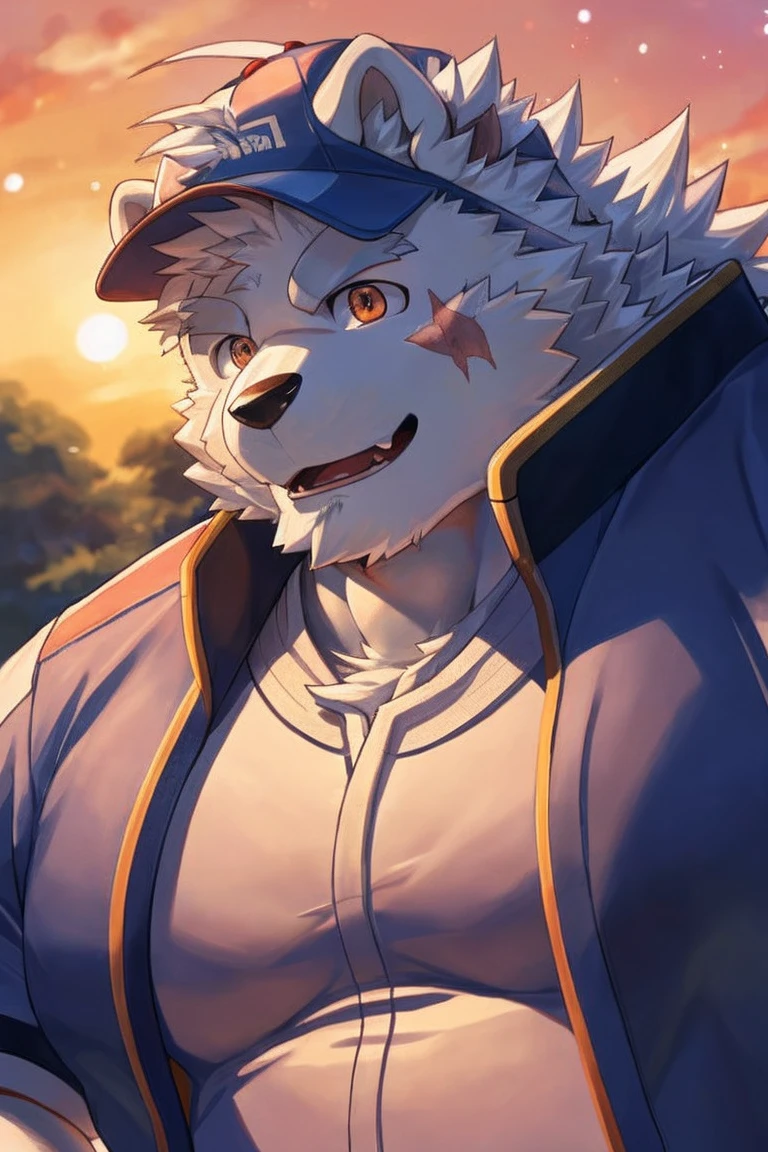 human nature, Wildlife, male,36 years old， solitary, ((Round Face, The face is plump,Orange eyes,Thick white hair，With wounds)), ((Endomorph, Handsome，enthusiasm)), (Sportswear，Light blue and white coat，Wear a sports cap), ((domestic 犬, Dog Orc，) Fluffy fur, Fluffy), Bokeh, (high quality, high resolution, masterpiece), (Dynamic Lighting, Vibrant colors，Natural fill light), (Revitalize，Disdain，aggressive), Full body picture (close up), cartoon, author：Takemoto Arashi, From zixiong, By Chunni, author：Empty Ghost，（background：Sunset Jungle）