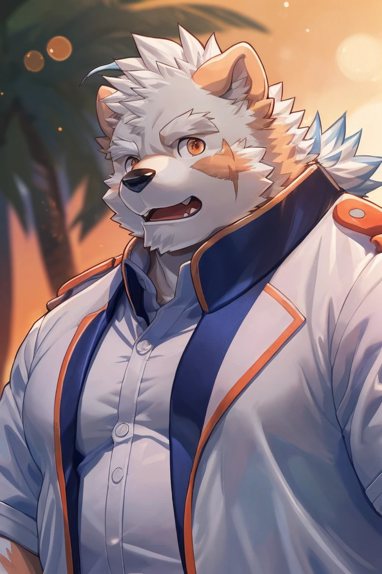 human nature, Wildlife, male,36 years old， solitary, ((Round Face, The face is plump,Orange eyes,Thick white hair，With wounds)), ((Endomorph, Handsome，enthusiasm)), (Sportswear，Light blue and white coat，Wear a sports cap), ((domestic 犬, Dog Orc，) Fluffy fur, Fluffy), Bokeh, (high quality, high resolution, masterpiece), (Dynamic Lighting, Vibrant colors，Natural fill light), (Revitalize，Disdain，aggressive), Full body picture (close up), cartoon, author：Takemoto Arashi, From zixiong, By Chunni, author：Empty Ghost，（background：Sunset Jungle）