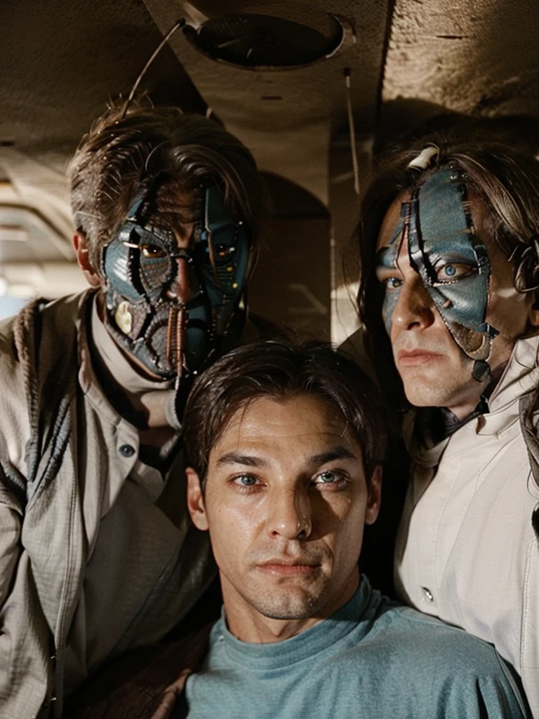 a male mutant human, with two heads, three eyes, two eyes on the right head, and one eye on the left head, mouth is above the eye on the left head