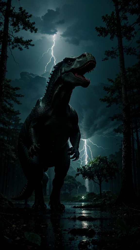 a dinosaur walking in a forest at night and during a storm. its face is lit up by the lightning strike in the background 