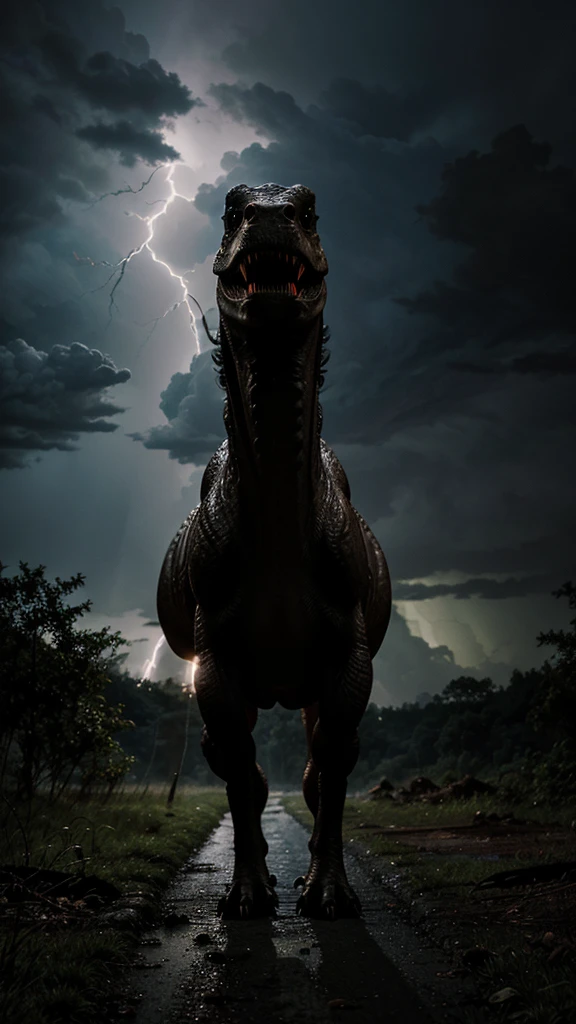 a dinosaur walking in a forest at night and during a storm. its face is lit up by the lightning strike in the background