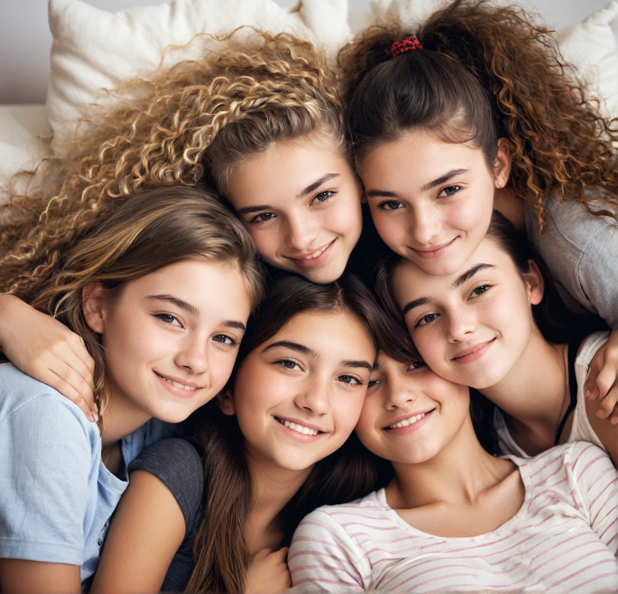 3 different cute teenagers cuddling together