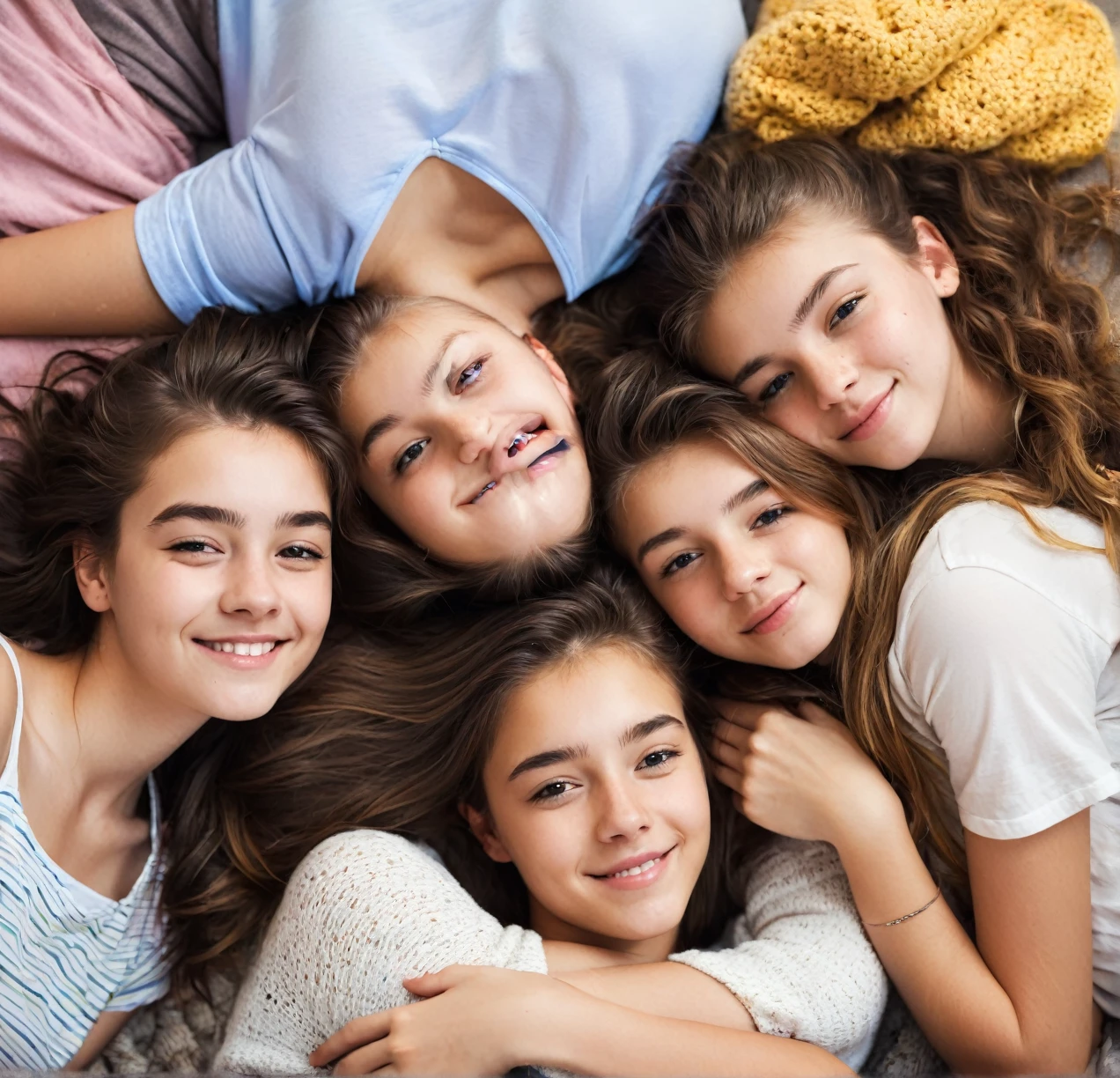 3 different cute teenagers cuddling together
