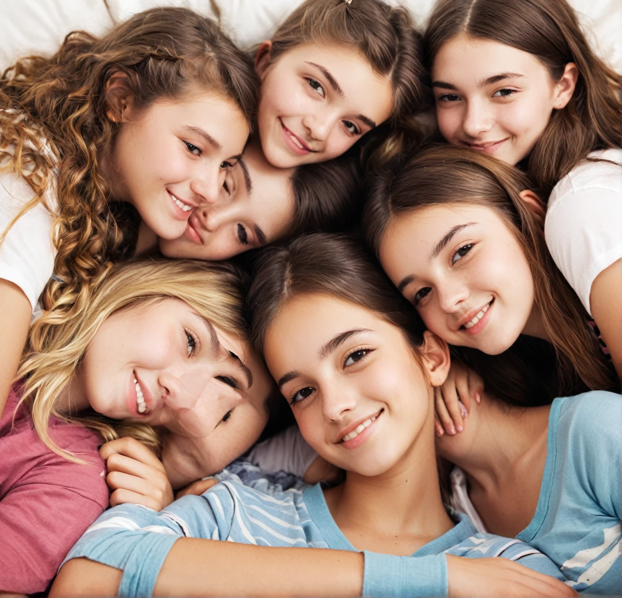 3 different cute teenagers cuddling together