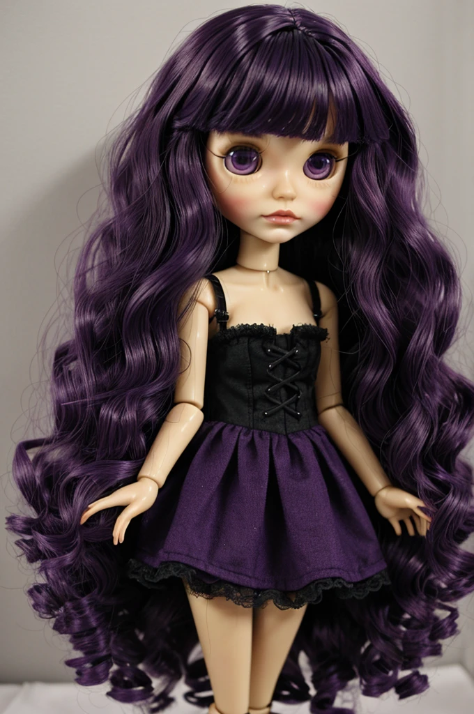 blythe doll that has dark purple and wavy hair