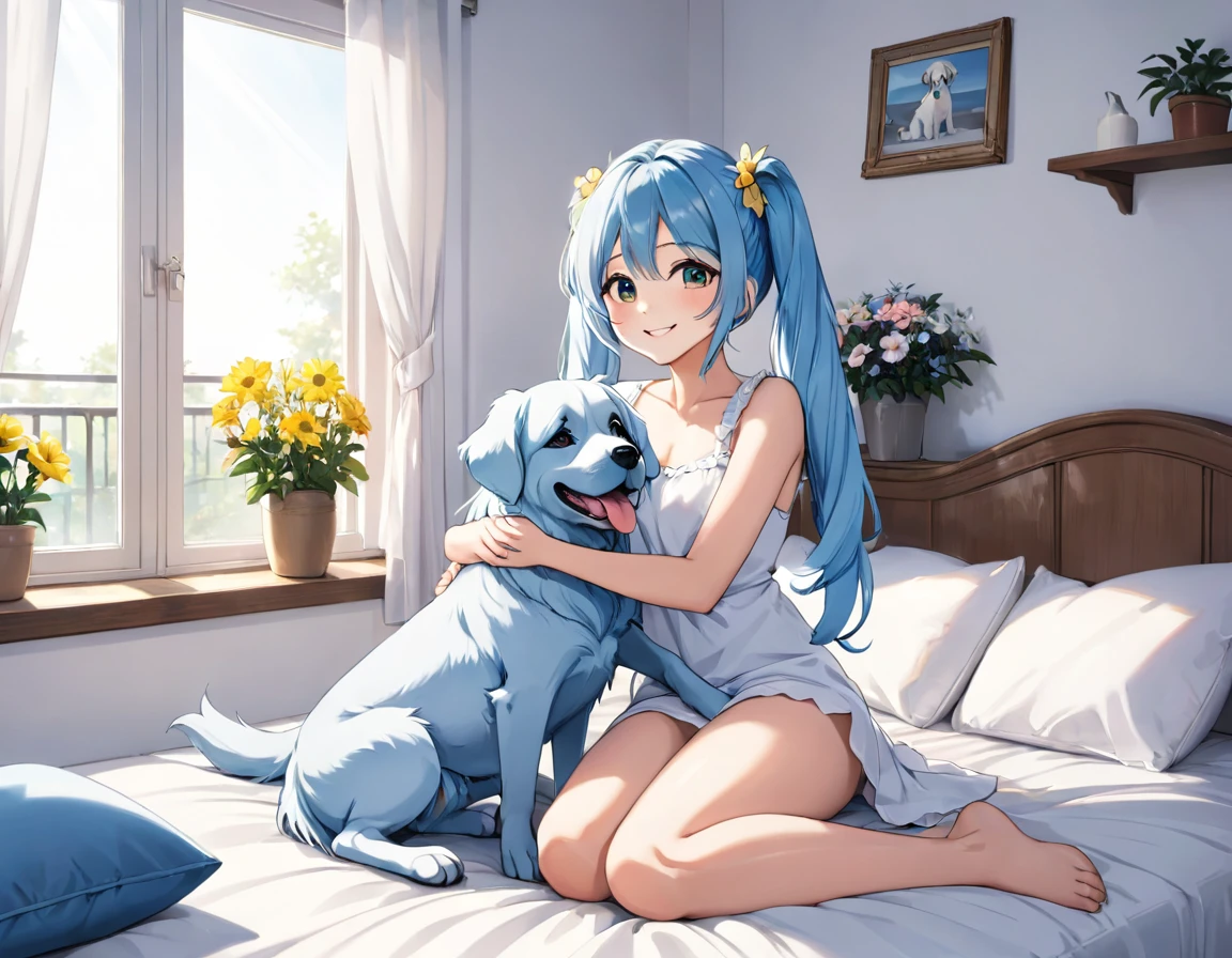 The room is decorated with many margaret flowers..、Margaret flowers on the windowsill、The morning sun is shining、Long light blue hair、beautiful girl with twin tails、Bright smile、Large hug pillow、sitting on the bed hugging a big cushion、My dog is watching next to my bed