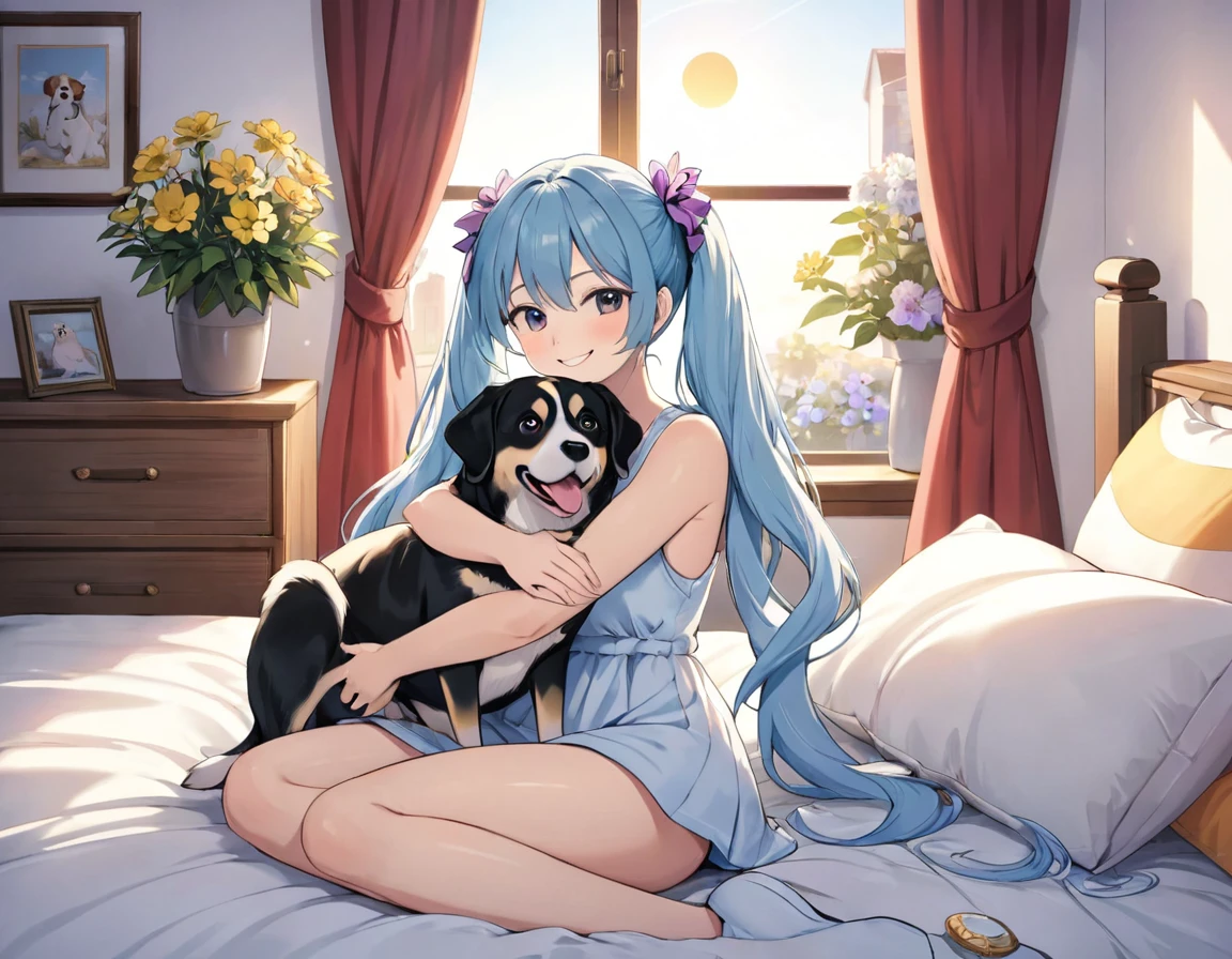 The room is decorated with many margaret flowers..、Margaret flowers on the windowsill、The morning sun is shining、Long light blue hair、beautiful girl with twin tails、Bright smile、Large hug pillow、sitting on the bed hugging a big cushion、My dog is watching next to my bed