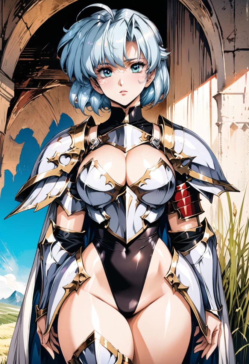 ((highest quality)), ((masterpiece)), ((hyperrealistic)), (detailed background), anime style, solo, 1girl, langrisser, ((curvy: 1.2)), kawaii, ((fantasy armor: 1.3)), silver short hair, ahoge, (white paladin armor), ((black leotard: 1.3)), ((large breasts)), ((arm guard gauntlet)), (cleavage breastplate), (big butt), (thighs), (groin), beautiful aqua eyes, perfect face, Perfect hands, perfect fingers, Blue sky and grassland,