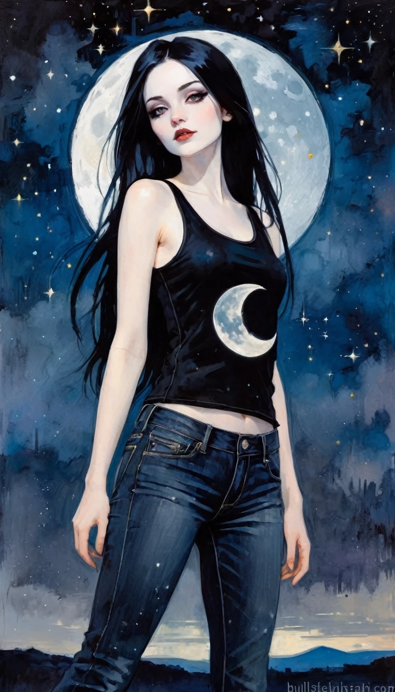 sexy gothic girl, long black straight hair, tight black tank top and jeans, small breasts, white pale skin tone, death symbol,magic, fantastic, night sky, moon, stars, background, (simple oil painting in a style to Bill Sienkiewicz)