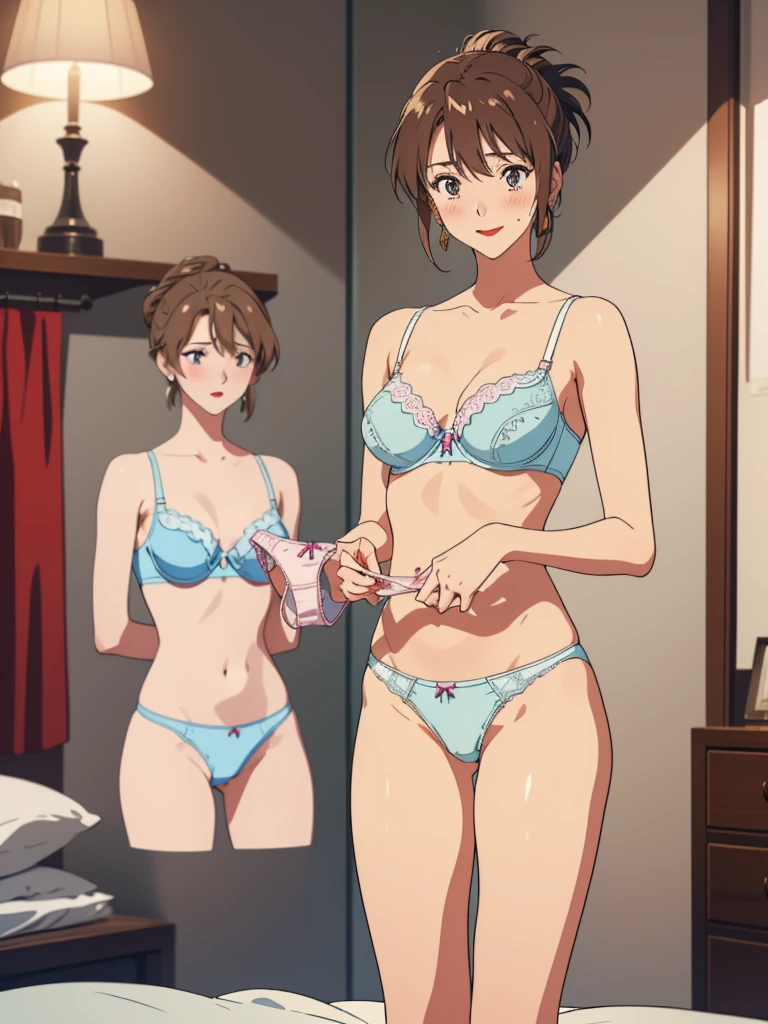 masterpiece, top quality, ultra detailed, ((((AIKA_SUMERAGI, folded ponytail, best anatomy, in underwear, (panties, elaborately designed luxury panties for adults, panties high definition images, draw panties with super precision), lace trimmed bra, extremely detailed texture, earrings, red lip, embarrassed, blush, smile)))), cowboy shot, (((underwear in bed room))), white skin, (presenting panties), (display panties),holding panties with both hands,(panties taken off:1.5)