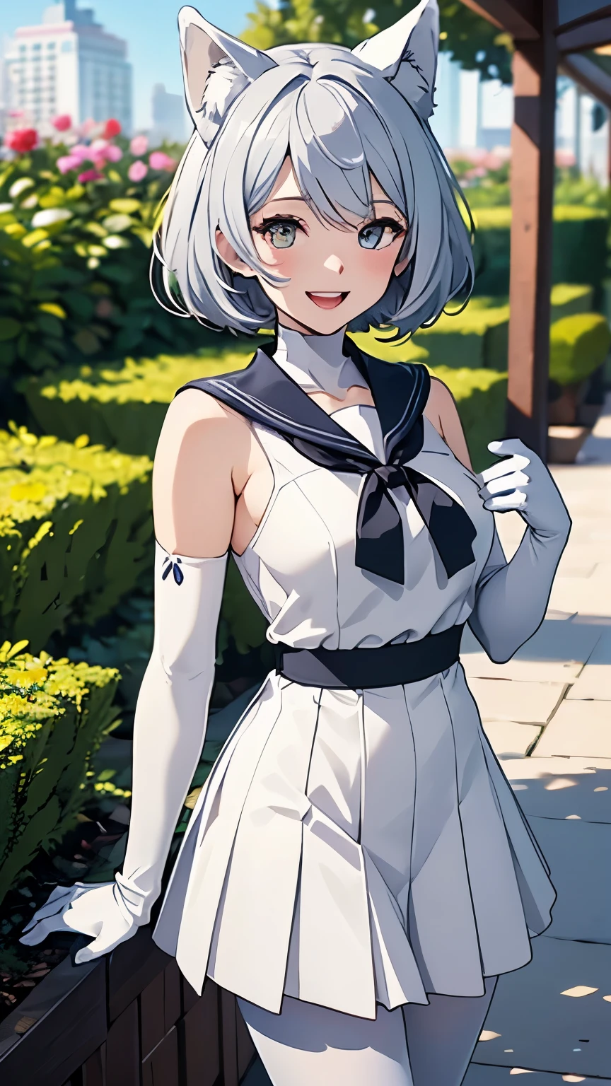 Tabletop high resolution Best image quality 8K Adult female Portraiture White long gloves(Elbow Gloves) Pure white pantyhose Sailor suit(Sleeveless)mini skirt White wolf ears Monotone clothes short hair((Shortcuts)(Gray Hair)(Perm)(fluffy)) Eye is blue Attractive face((Laughter)(smile)(Open your mouth)) garden walk
