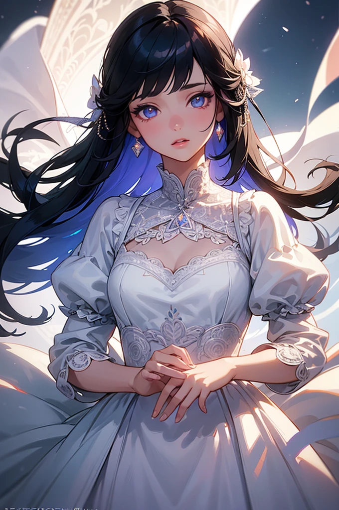 1girl, cute girl, black hair, beautiful detailed eyes, beautiful detailed lips, crystal clear eyes, delicate facial features, cute dress, intricate embroidery, lace and ribbons, elegant and charming, masterpiece, best quality, 8k, high resolution, photorealistic, cinematic lighting, vibrant colors, dramatic composition, fantasy, ethereal