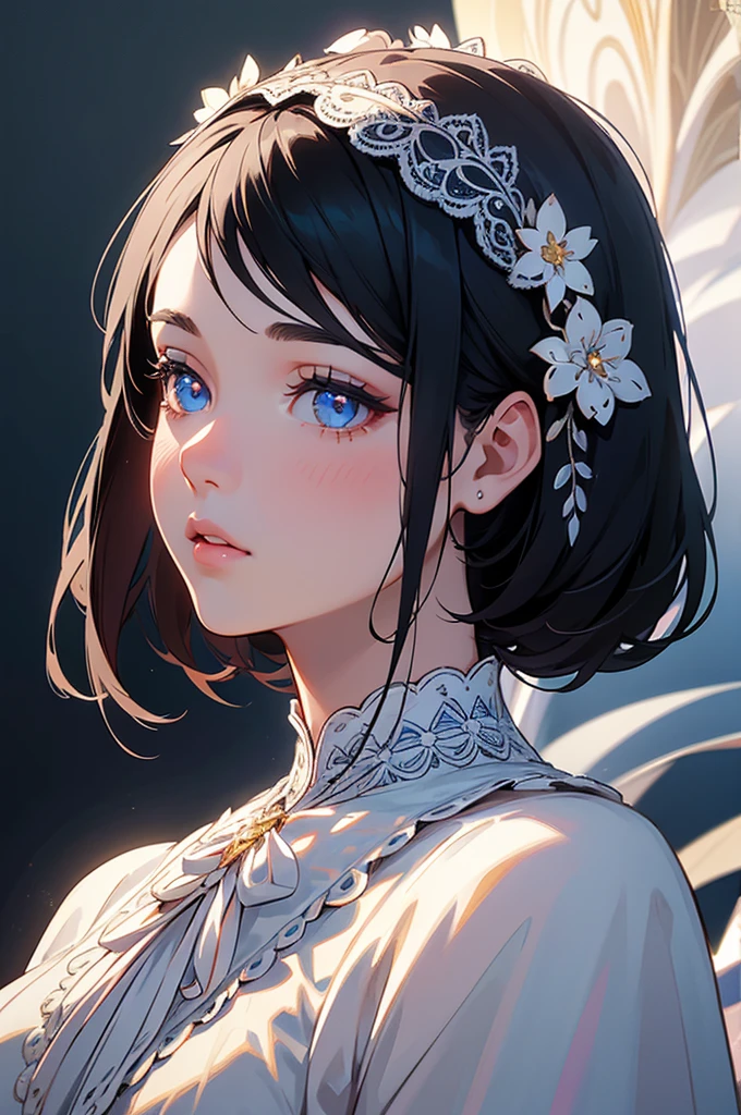 1girl, cute girl, black hair, beautiful detailed eyes, beautiful detailed lips, crystal clear eyes, delicate facial features, cute dress, intricate embroidery, lace and ribbons, elegant and charming, masterpiece, best quality, 8k, high resolution, photorealistic, cinematic lighting, vibrant colors, dramatic composition, fantasy, ethereal
