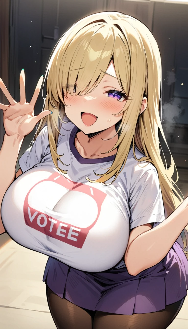 ((Best Quality)), ((Masterpiece)), (detailed), 1 girl, Pastel yellow hair, long hair, hair covers one eye, purple eyes, big breasts, big thighs, I expressed smiling, Open mouth, blushing, white vote t-shirt, purple skirt, brown pantyhose