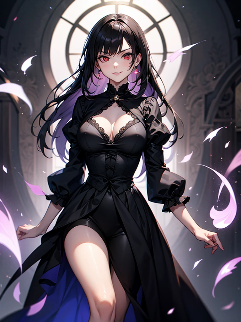 black hair, (solo), (black victorian dress), (smirk), red eyes, pale skin, (pale), ((dark aura)), ((fiendish aura)), indoors, large breasts, ((dark energy aura))