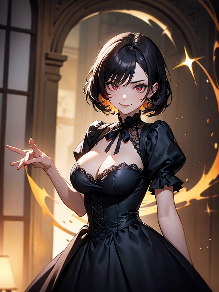 black hair, (solo), (black victorian dress), (smirk), red eyes, pale skin, (pale), ((dark aura)), ((fiendish aura)), indoors, large breasts, ((dark energy aura))