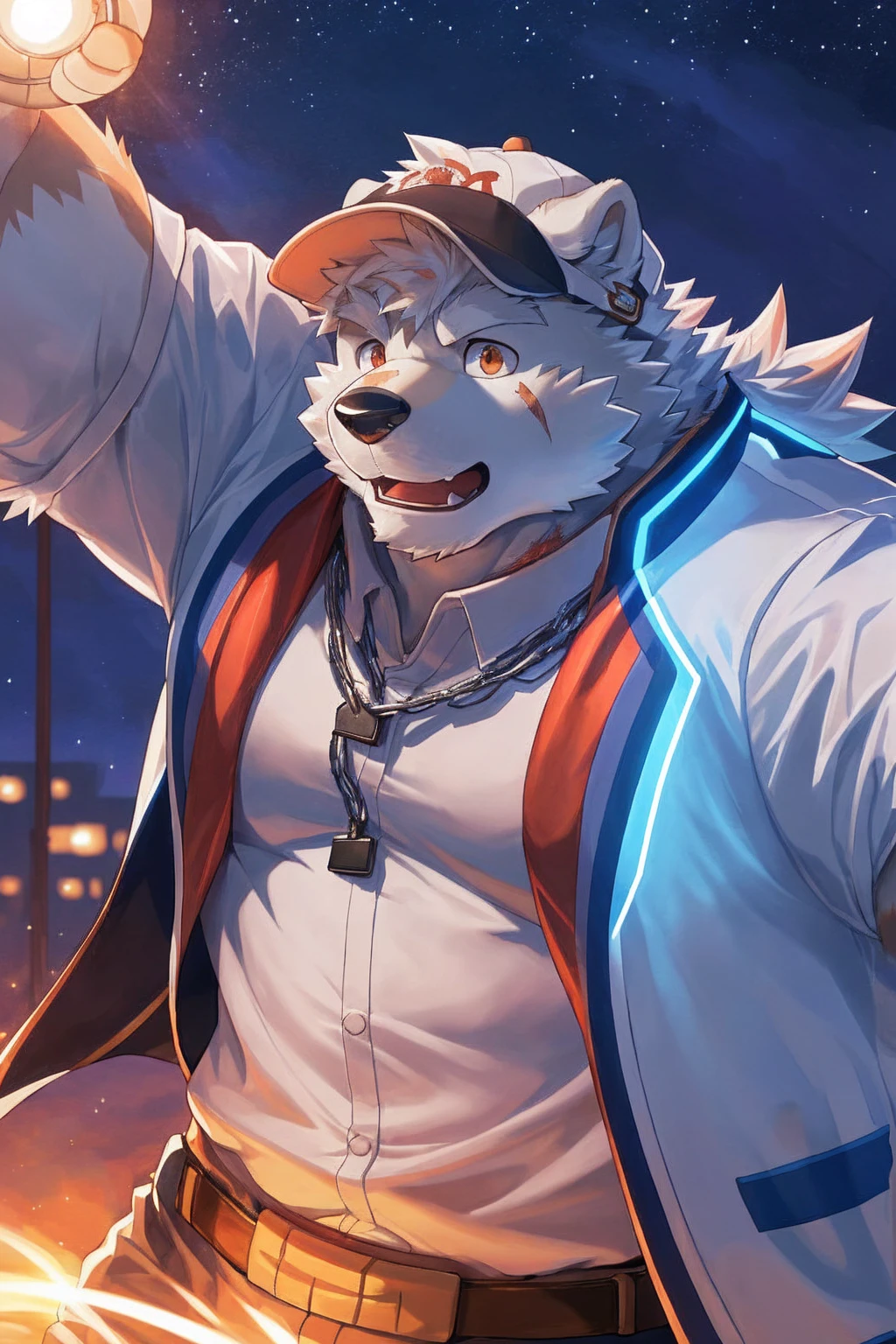 human nature, Wildlife, male,36 years old， solitary, ((Round Face, The face is plump,Orange eyes,Thick white hair，With wounds)), ((Endomorph, Handsome，enthusiasm)), (Sportswear，Light blue and white coat，Wear a sports cap), ((domestic 犬, Dog Orc，) Fluffy fur, Fluffy), Bokeh, (high quality, high resolution, masterpiece), (Dynamic Lighting, Vibrant colors，Natural fill light), (Revitalize，Disdain，aggressive), Full body picture (close up), cartoon, author：Takemoto Arashi, From zixiong, By Chunni, author：Empty Ghost，（background：Sunset Jungle）