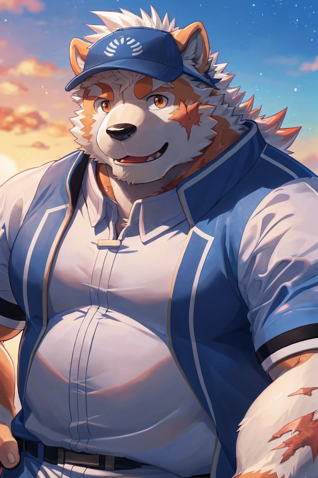 human nature, Wildlife, male,36 years old， solitary, ((Round Face, The face is plump,Orange eyes,Thick white hair，With wounds)), ((Endomorph, Handsome，enthusiasm)), (Sportswear，Light blue and white coat，Wear a sports cap), ((domestic 犬, Dog Orc，) Fluffy fur, Fluffy), Bokeh, (high quality, high resolution, masterpiece), (Dynamic Lighting, Vibrant colors，Natural fill light), (Revitalize，Disdain，aggressive), Full body picture (close up), cartoon, author：Takemoto Arashi, From zixiong, By Chunni, author：Empty Ghost，（background：Sunset Jungle）