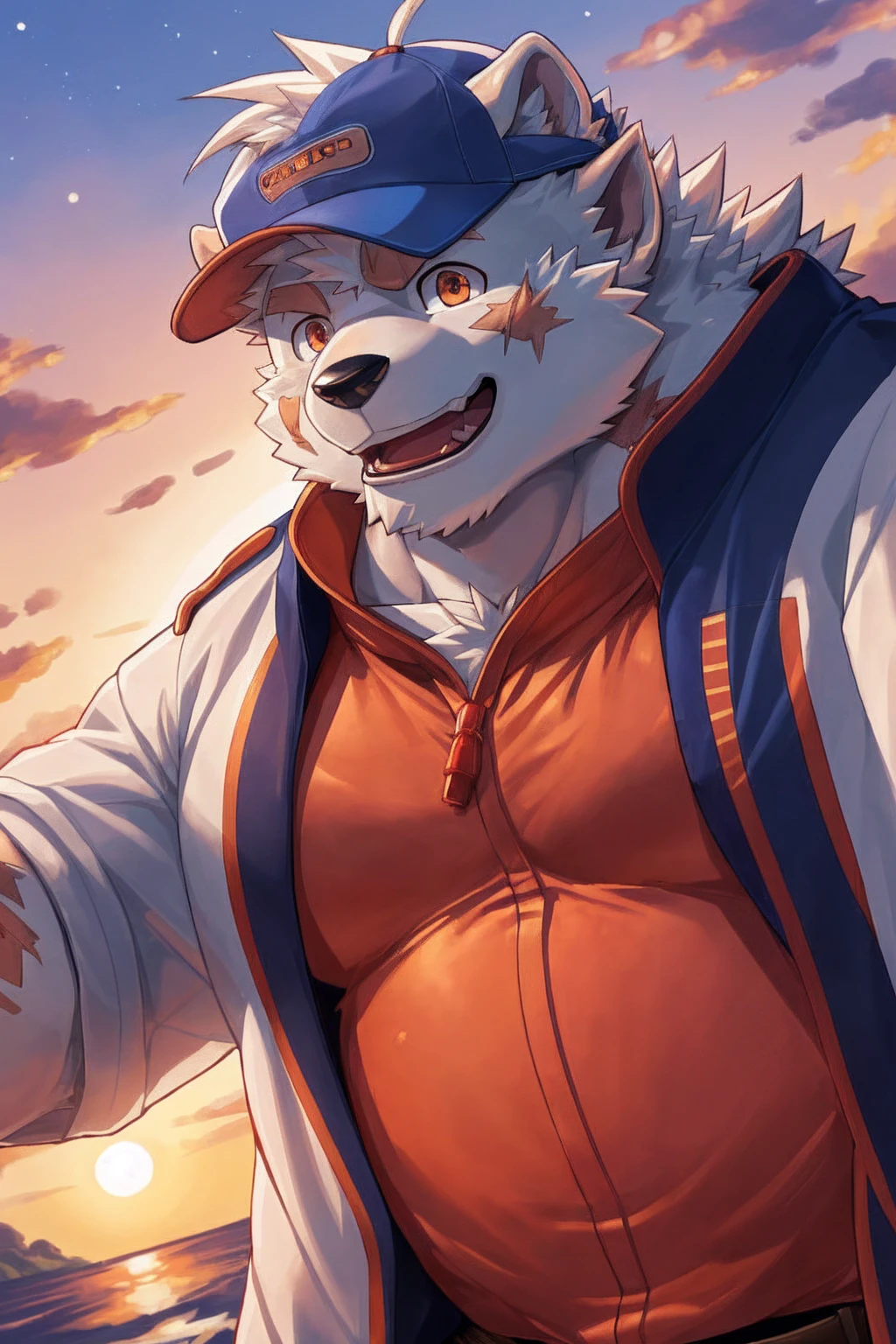 human nature, Wildlife, male,36 years old， solitary, ((Round Face, The face is plump,Orange eyes,Thick white hair，With wounds)), ((Endomorph, Handsome，enthusiasm)), (Sportswear，Light blue and white coat，Wear a sports cap), ((domestic 犬, Dog Orc，) Fluffy fur, Fluffy), Bokeh, (high quality, high resolution, masterpiece), (Dynamic Lighting, Vibrant colors，Natural fill light), (Revitalize，Disdain，aggressive), Full body picture (close up), cartoon, author：Takemoto Arashi, From zixiong, By Chunni, author：Empty Ghost，（background：Sunset Jungle）