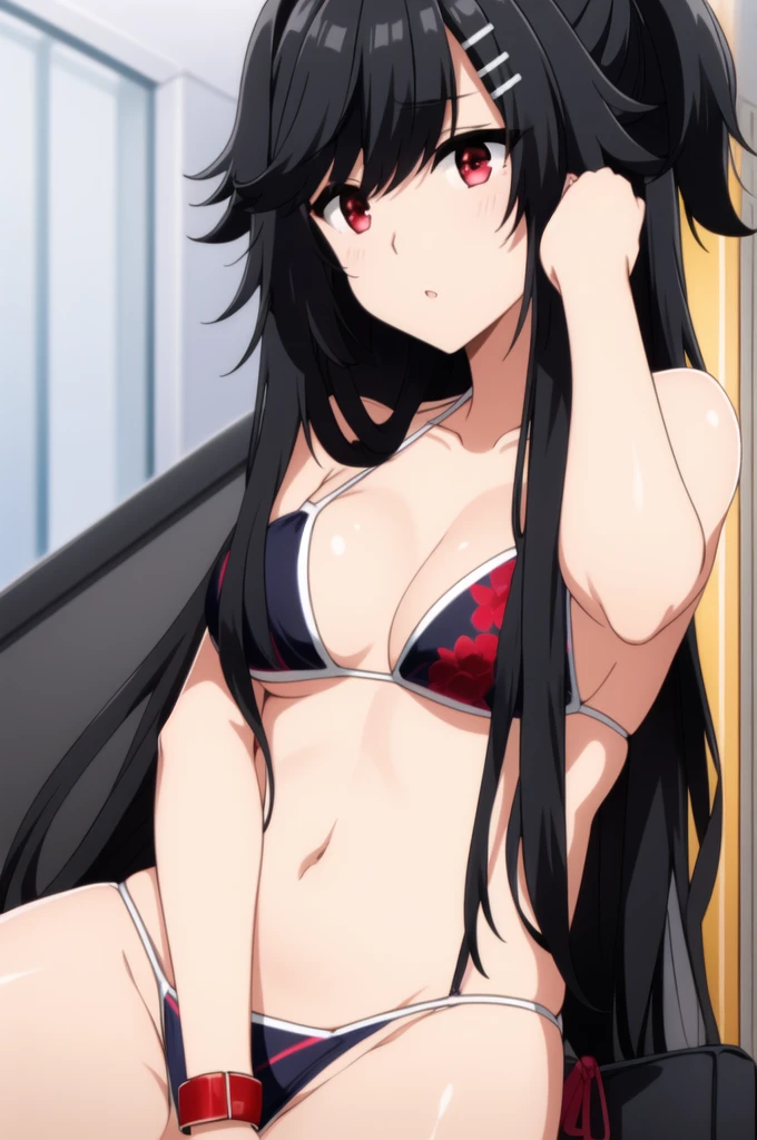 bangs, black hair,hair ornament, hairclip, long hair, red eyes,,black hair, 1 girl,(((bikini)))
