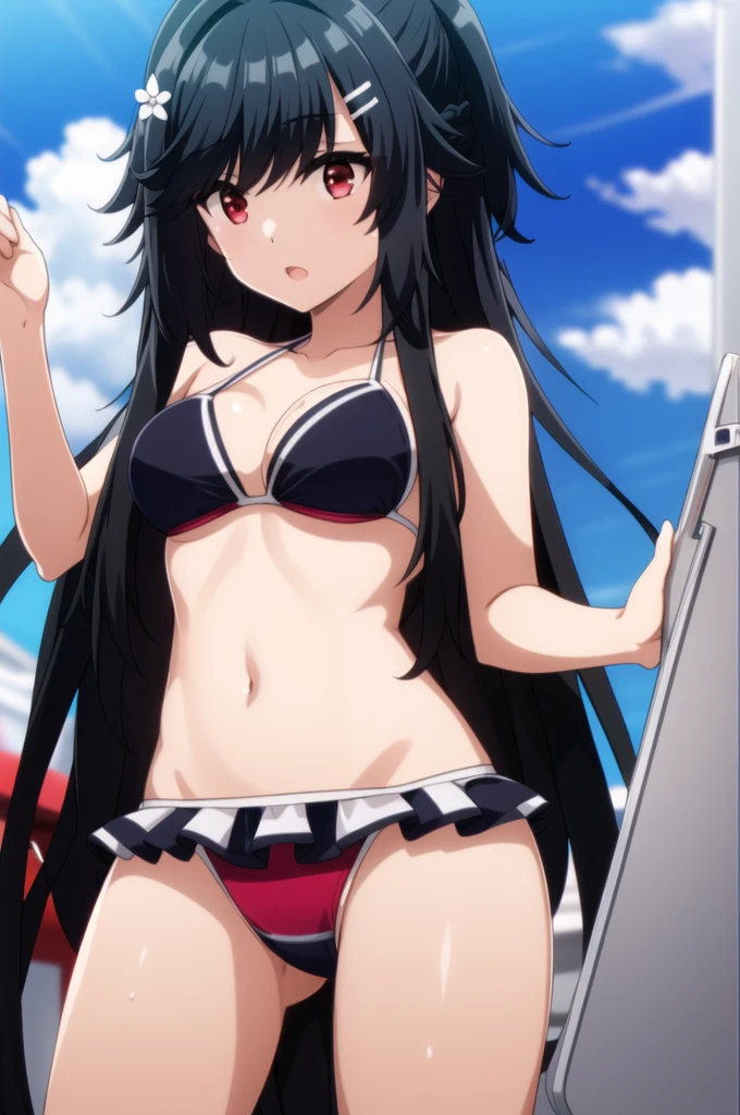  bangs, black hair,hair ornament, hairclip, long hair, red eyes,,black hair, 1 girl,(((bikini)))
