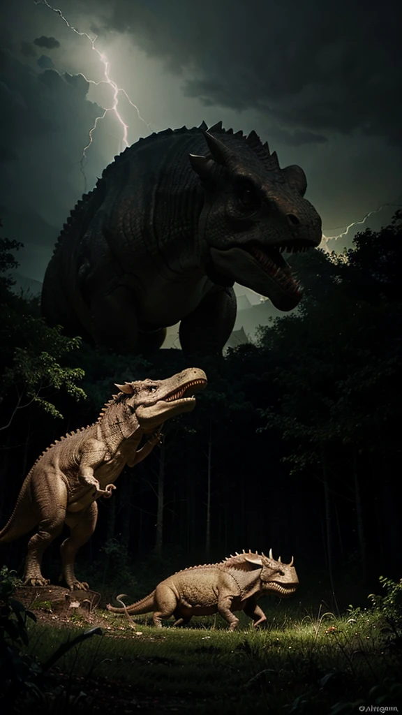a t rex eating a dead triceratops in a forest at night and during a storm. its face is lit up by the lightning strike in the background