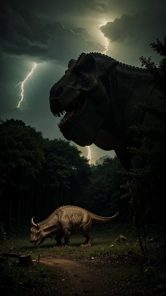 a t rex eating a dead triceratops in a forest at night and during a storm. its face is lit up by the lightning strike in the background