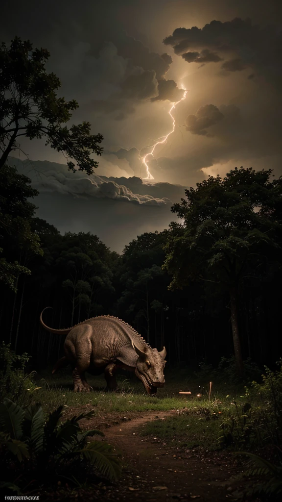 a t rex eating a dead triceratops in a forest at night and during a storm. its face is lit up by the lightning strike in the background 