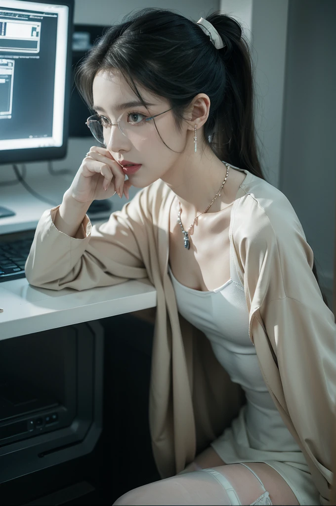 (((best quality))),(((ultra detailed))),(((masterpiece))),illustration,((1 beautiful girl,solo)),((slim,thin)),((small breasts,flat chest)),futuristic laboratory, ((stylish glasses,detailed eyes)), intelligence, white lab coat,(short ponytail:1.2), flawless skin,(laughing:1.2),(earrings,crystal necklace),(stockings:1.3), cyberpunk vibe, high-tech equipment, darkened lighting, high-altitude lamps, beakers, flasks, test tubes, computer screens, consoles, terminals, scientific wonderland, desolate surroundings, time warp, motionless, deep in concentration, profound scientific mystery, secrets of the universe, beauty, poignancy, essence of science, mystery, alluring appeal, captivating, enchanting