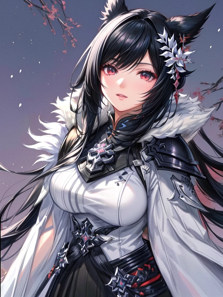 anime character with black hair and a black and white outfit, final fantasy style 14, final fantasy 14 sharp, black hime cropped fur, ffxiv, with monster hunter armor, Final Fantasy 1 4, Final Fantasy XIV, character closeup, character close up, black fire colored reflected armor, inspiration from Li Mei Shu, white bangsblack hair, negro podrias hacer un entorno hermoso podrias hacer un entorno de montañas bien detallado con nieve