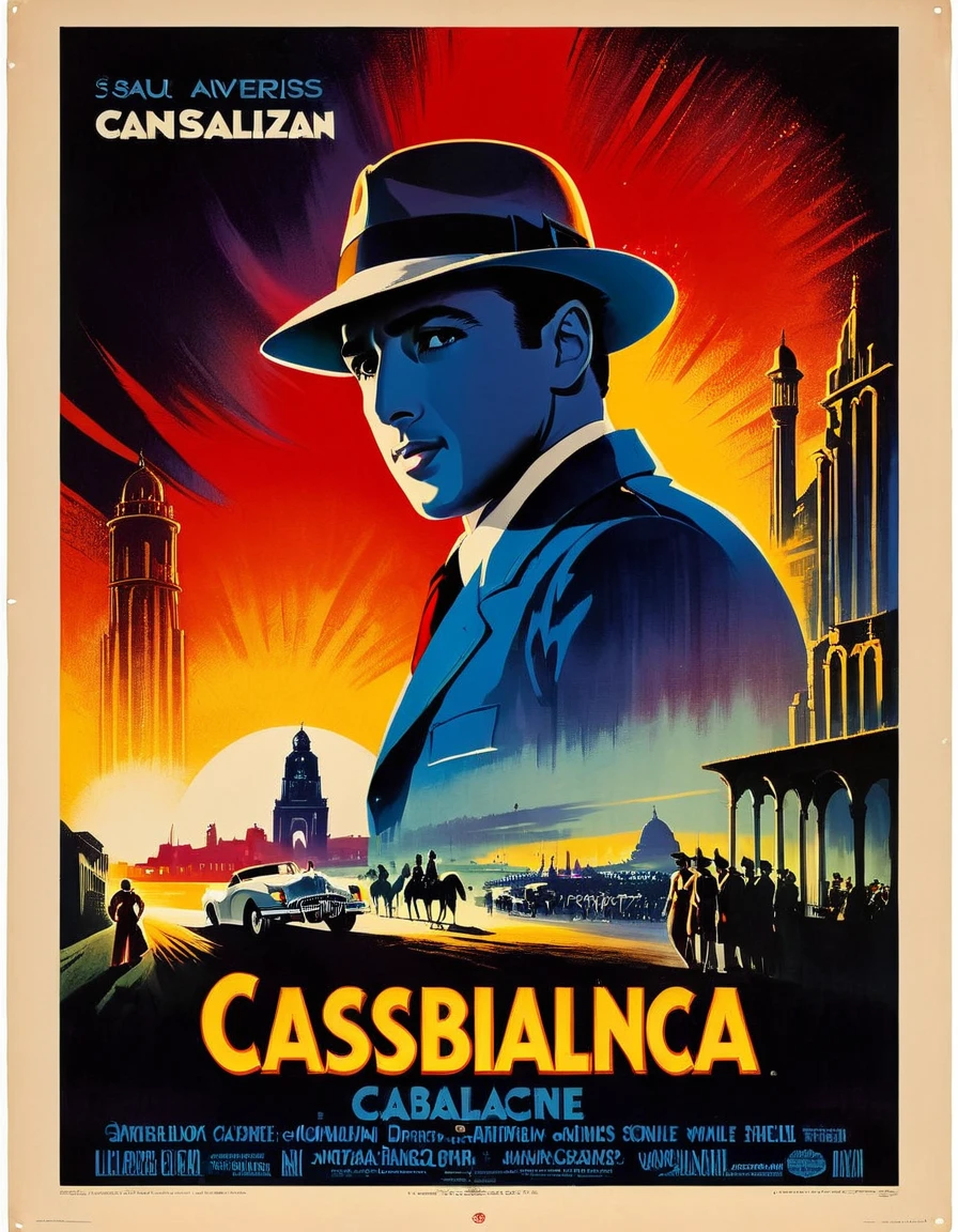 An image of a captivating vintage movie poster for the iconic film "Casablanca," featuring a mysterious and romantic ambiance, lit with dramatic shadows, detailed, realistic, HD, trending on ArtStation, in the style of Drew Struzan, Saul Bass, and John Alvin.