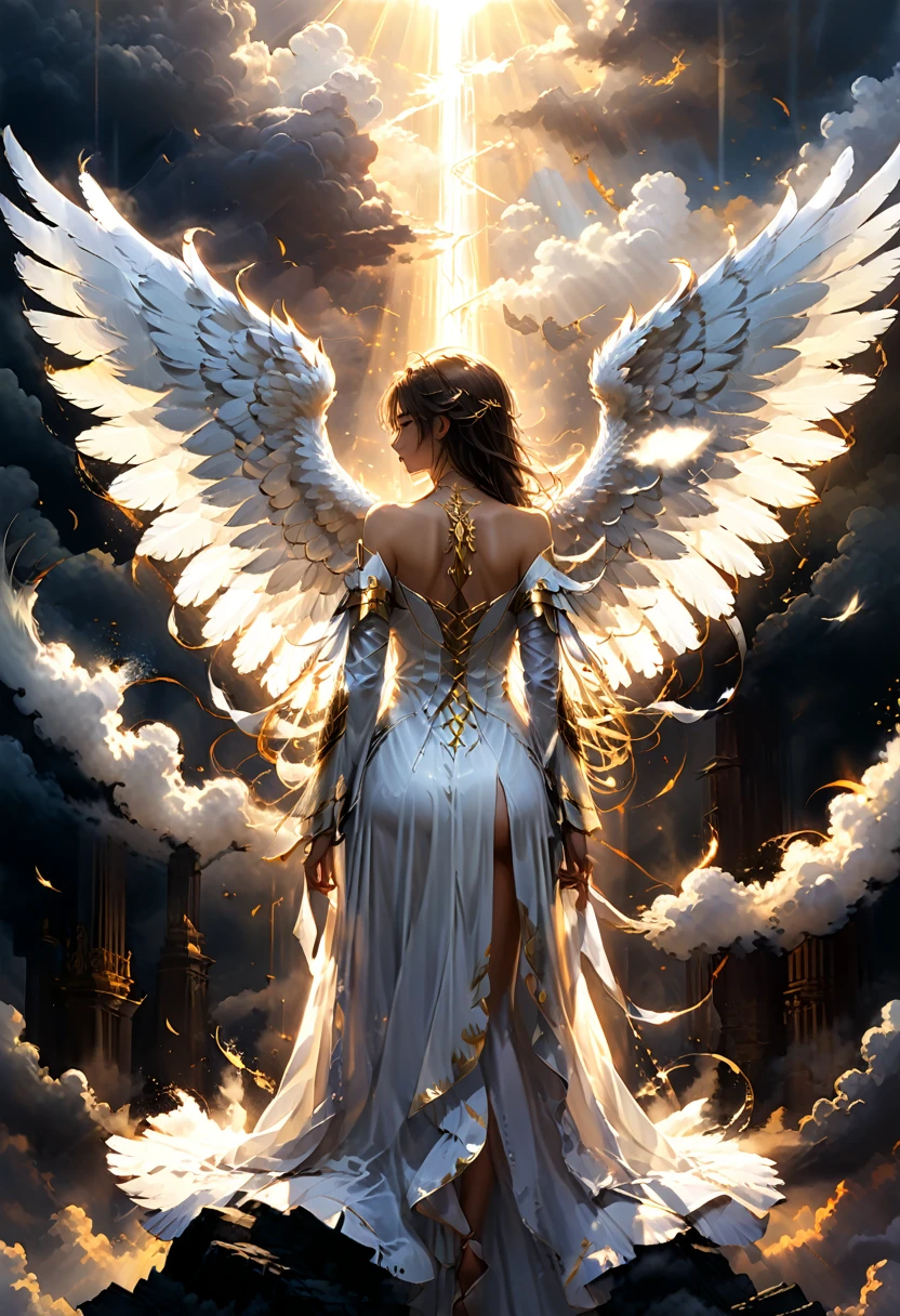 (angel, wings), An angel in a pure white robe, with huge wings spread out from behind, slowly descended into the world at dawn. The sunlight shone through the clouds on her body, with golden sunlight and clouds in the background, and the shot was in mid shot, full body, (Photography), panoramic view, award-winning, cinematic still, emotional, vignette, dynamic, vivid, (masterpiece, best quality, Professional, perfect composition, very aesthetic, absurdres, ultra-detailed, intricate details:1.3)