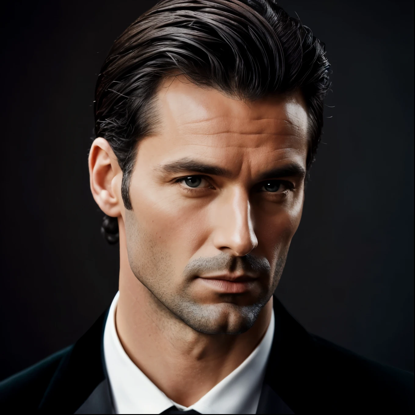 cinematographic, big plan, french top model, 35 years, Black velvet fitted suit, Big man, short black hair. Full body drinking coffee. minimalist background, Own composition, Strong details, muted colors, Hasselblad --brut style