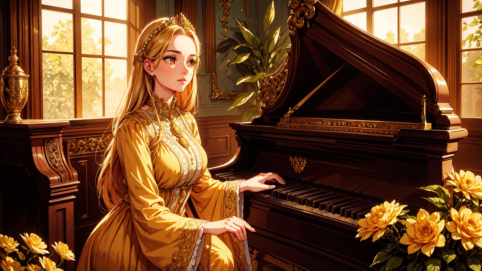 a beautiful young woman in a long vintage dress, exquisite detailed facial features, flowing hair, elegant posture, a grand old-fashioned house interior, a large ornate golden piano, lush flowers and greenery, masterpiece, highly detailed, cinematic lighting, warm color palette, Renaissance style