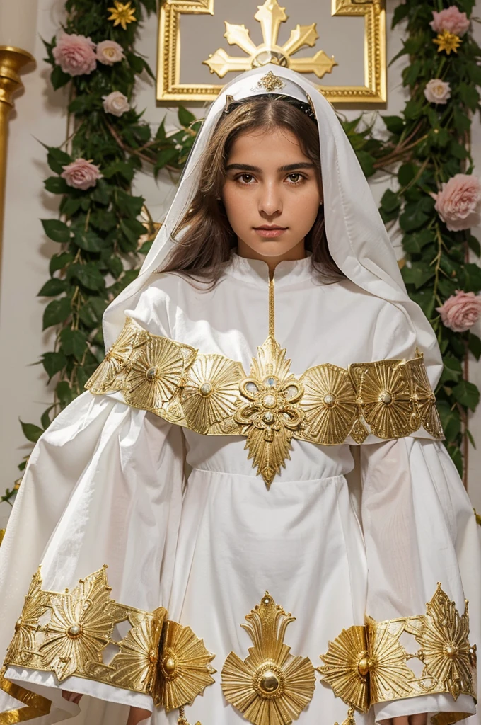 Our Lady of Fátima, an 18-year-old girl of Portuguese origin, surrounded by dazzling light, her dress with a pure whiteness, as well as the mantle decorated with gold, which covered her head and a large part of her body, a heart wrapped in thorns and live flowers