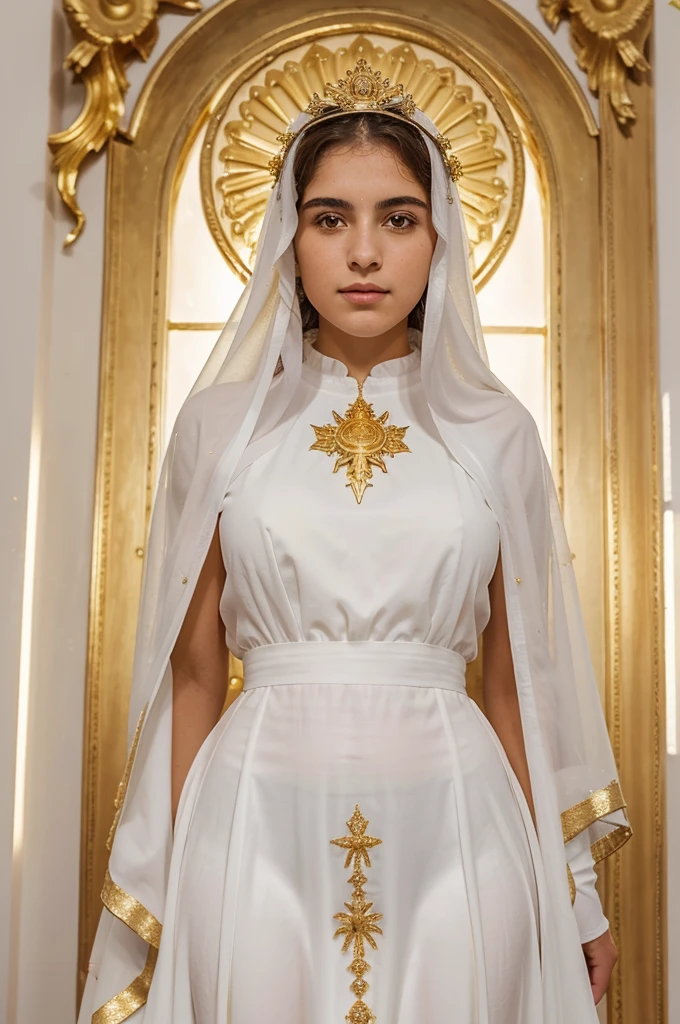 Our Lady of Fátima, an 18-year-old girl of Portuguese origin, surrounded by dazzling light, her dress with a pure whiteness, as well as the mantle decorated with gold, which covered her head and a large part of her body, a heart wrapped in thorns and live flowers