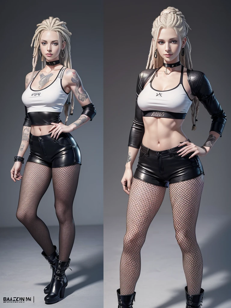 ((best quality)), ((4k)), ((highres)), ((masterpiece:1.2)). ((detailed)), ((ultra realistic)), ((intricate details)), ((full body picture)), ((character design sheet)), a full body picture of a beautifull norwegian female, scandinavian woman, pale skin, ((emphasis on her pale skin)), ((standing in a relaxed pose)), ((blank background)), ((relaxed vibes)), a warm smile on her face, ((a warm smile)), perfect face, gorgeous face, ((vivid blue eyes)) detailed eyes, detailed lips, ((no makeup)), ((nose ring)), 25 years old, ((balzacian woman)), about 5'7 tall, white woman with short platinum blonde dreadlocks up to her shoulders, ((emphasis on white woman with short platinum blonde dreadlocks up to her shoulders)), ((platinum blonde rasta hairstyle)), ((not too bushy dreadlocks)), ((not skinny looking)), ((powerlifter body)), ((tattoos on both her arms)), ((black finger nails)), dressed in a ((black short-sleeve crop top)), midriff ((FLAT ABS)), she's wearing ((fishnet tights under her high waisted black booty shorts)), ((black leather booties with no heels)), ((black choker)), fighting game character concept art, tekken character design, the king of fighters character concept, full bofy, full body concept art, full body art