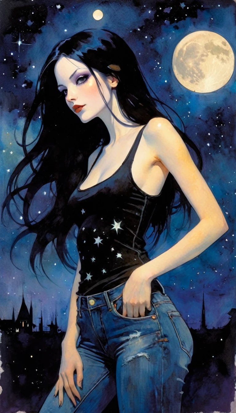 sexy gothic girl, long black straight hair, tight black tank top and jeans, small breasts, white pale skin tone, anj symbol,magic, fantastic, night sky, moon, stars, background, (simple oil painting in a style to Bill Sienkiewicz)