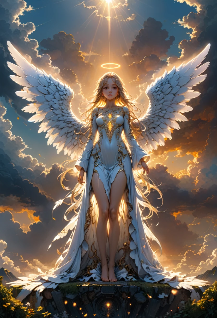 (angel, wings), An angel in a pure white robe, with huge wings spread out from behind, slowly descended into the world at dawn. The sunlight shone through the clouds on her body, with golden sunlight and clouds in the background, and the shot was in mid shot, full body, (Photography), panoramic view, award-winning, cinematic still, emotional, vignette, dynamic, vivid, (masterpiece, best quality, Professional, perfect composition, very aesthetic, absurdres, ultra-detailed, intricate details:1.3)