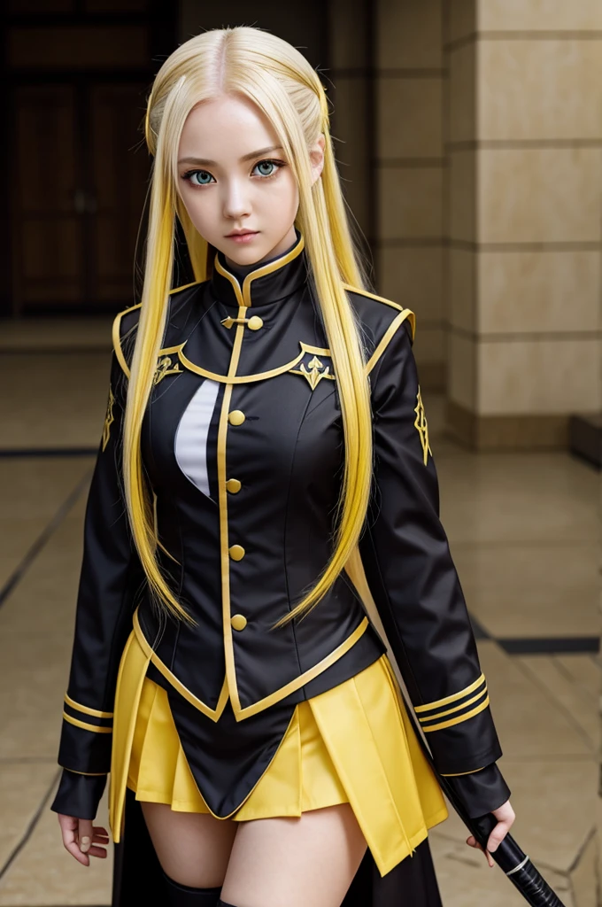 A girl from kimetsu no yaiba, with pale skin and brown eyes ,with long ash yellow hair,with her demon hunter uniform 