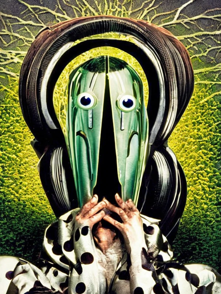 a mutant human, with two heads and three eyes, two eyes on the right head, and one eye on the left head, the mouth is above the eye on the left head