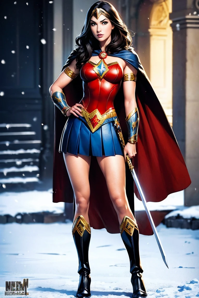 ((full body photo, standing)) masterpiece, best quality, 1girl, veronica, (((full body photo))) 1 girl, Wonder Woman, bracelet, black hair, blurred, armband, breathing, cape, cowboy shot, depth of field, restraint, gun restraint, lasso, looking at viewer , parted lips, pommel, realistic, reverse grip, shield, skirt, snow, neveing, alone, superhero, sword, tiara, toned, weapon, weapon behind back, ((work of art))
