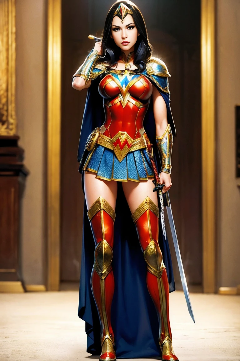 ((full body photo, standing)) masterpiece, best quality, 1girl, veronica, (((full body photo))) 1 girl, Wonder Woman, bracelet, black hair, blurred, armband, breathing, cape, cowboy shot, depth of field, restraint, gun restraint, lasso, looking at viewer , parted lips, pommel, realistic, reverse grip, shield, skirt, snow, neveing, alone, superhero, sword, tiara, toned, weapon, weapon behind back, ((work of art))
