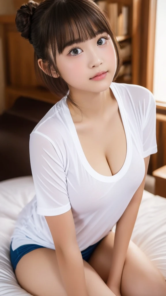 (Highest quality, 8K, masterpiece ), A 15-year-old junior high school student with a young face、Bun hairstyle:1.2、 bangs、The eyes are big and clear、Bra shows through shirt,Black Hair、Very Short Hair、Big Breasts、bangs:0.6,Glamour thighs:1.2、Tight white training shirt、Highly detailed face, double eyelid, Strong natural light、Round face:1.2、whole body、Sexy thighs:1.2、round face:1.3、Side Angle,Diagonal horizontal angle:1.2、Tight shorts、On the bed、